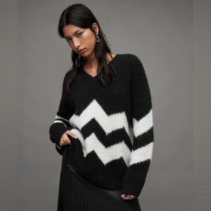 All Saints Ziggi Zig Zag Striped V-Neck Sweater